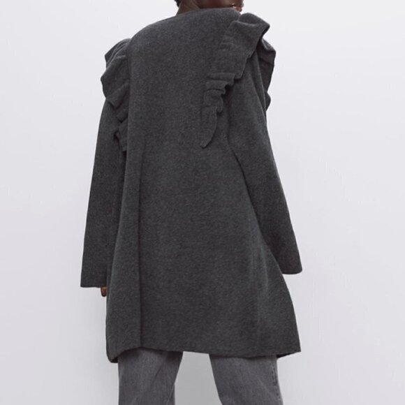 NWOT Zara Ruffled Shoulder Snap Front Cosy Knit Sweater Coat Grey Small - Picture 5 of 15